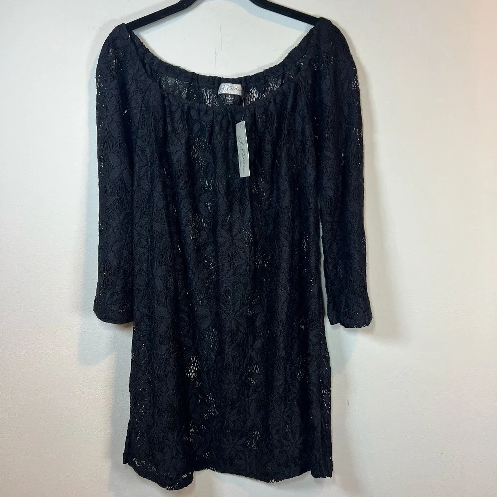 J. Valid Floral Crochet Lace Tunic Swim Cover Up Dress Black Vacation  NEW Large